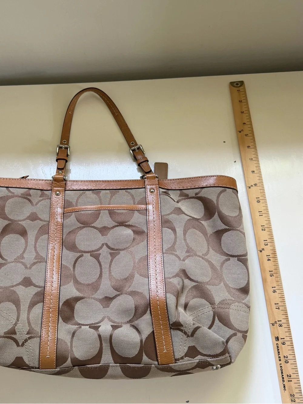 Coach Y2K Bag Tote Purse Signature Jacquard Tote Khaki Brown Leather